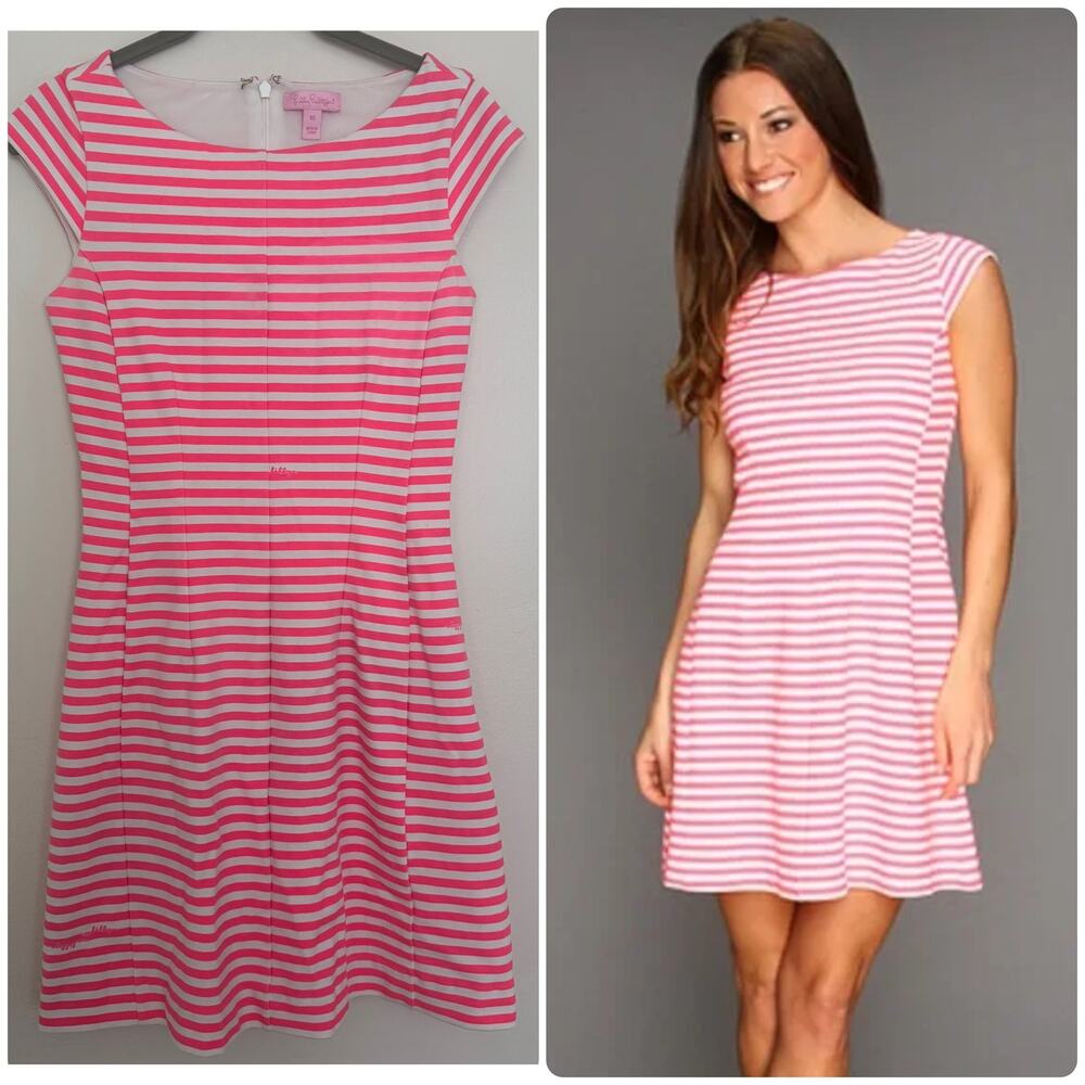 Lilly Pulitzer Briella Stripe Fit and Flare Dress in Hot Pink and White
